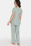 Zivame Maternity Retro Flowers Knit Cotton Pyjama Set - Cyan Blue — thumbnail 3